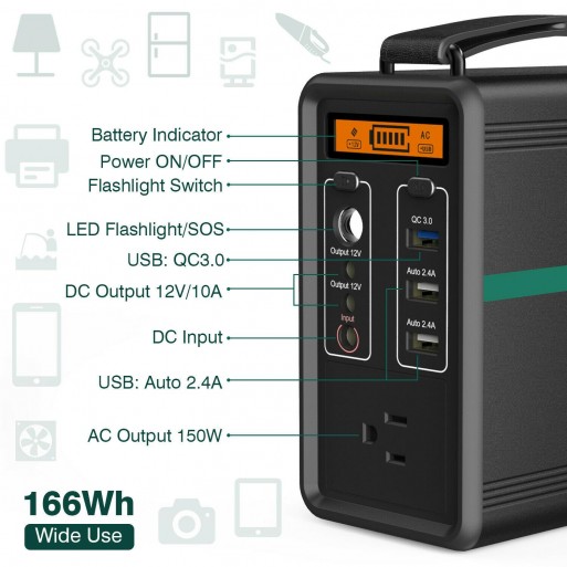166wh Portable Generator Power Station Solar Car Charger AC 2 DC 3 USB